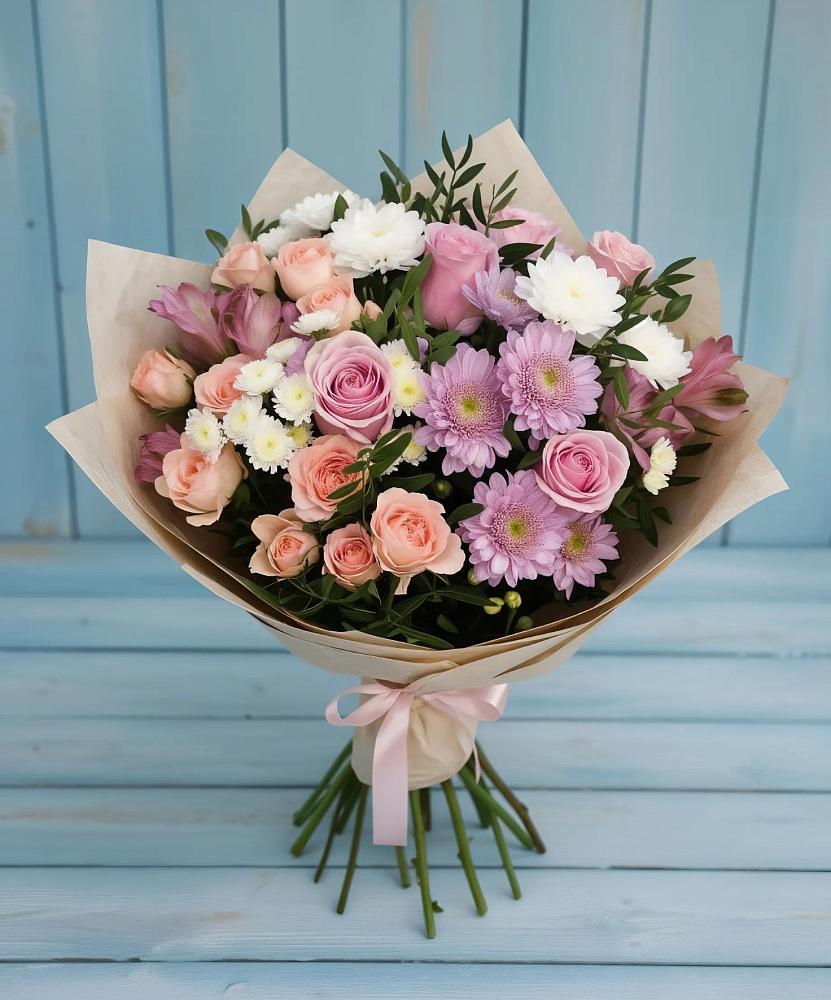 Букет цветов из: Хризантемы, Розы и Альстромерии в Гурийской