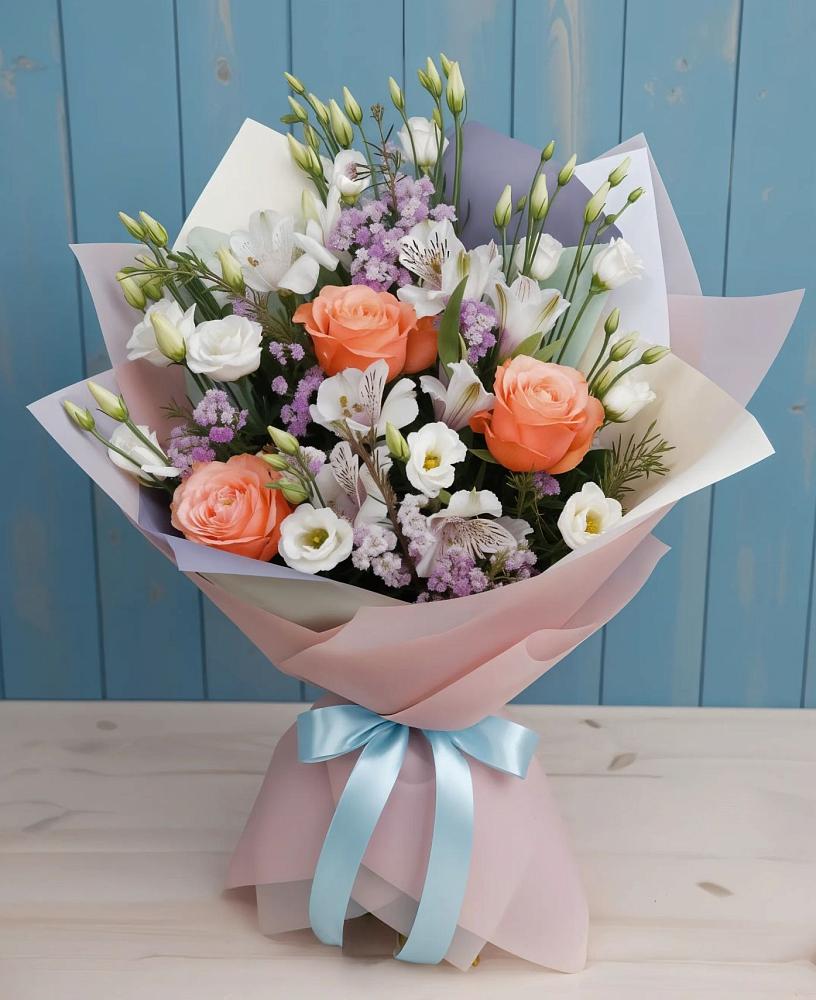 Букет цветов из: Лизиантусы, Розы, Альстромерии и Гипсофила в Гурийской