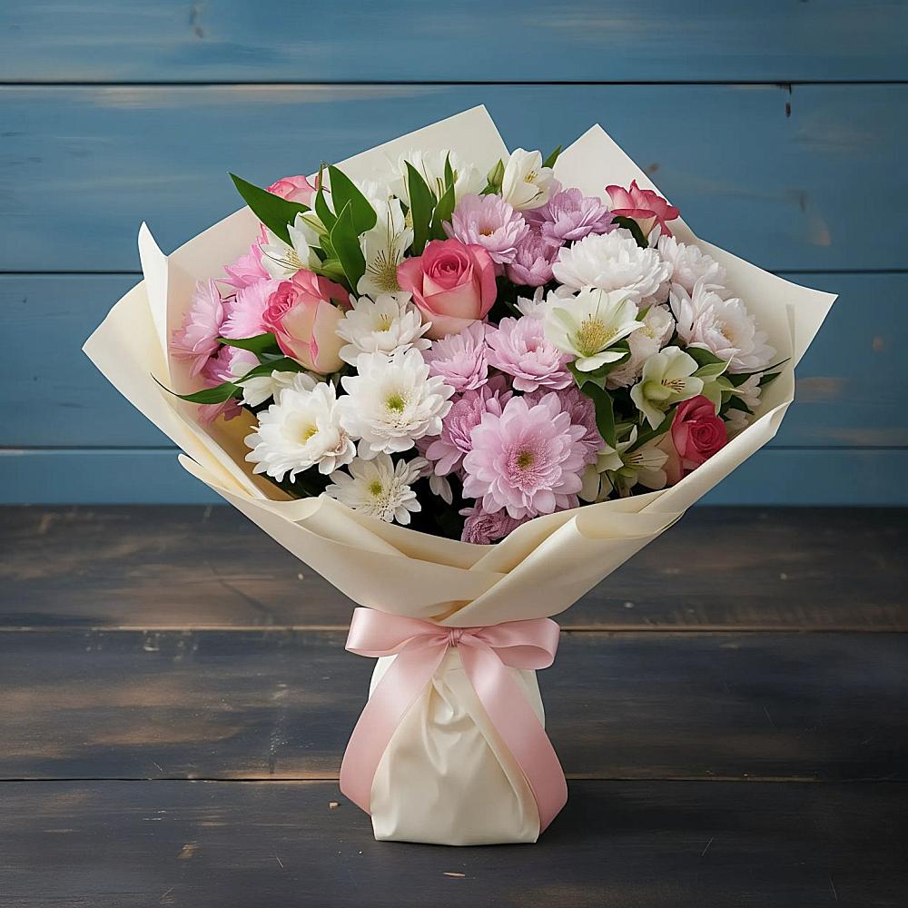 Букет цветов из: Хризантемы, Альстромерии и Розы в Гурийской